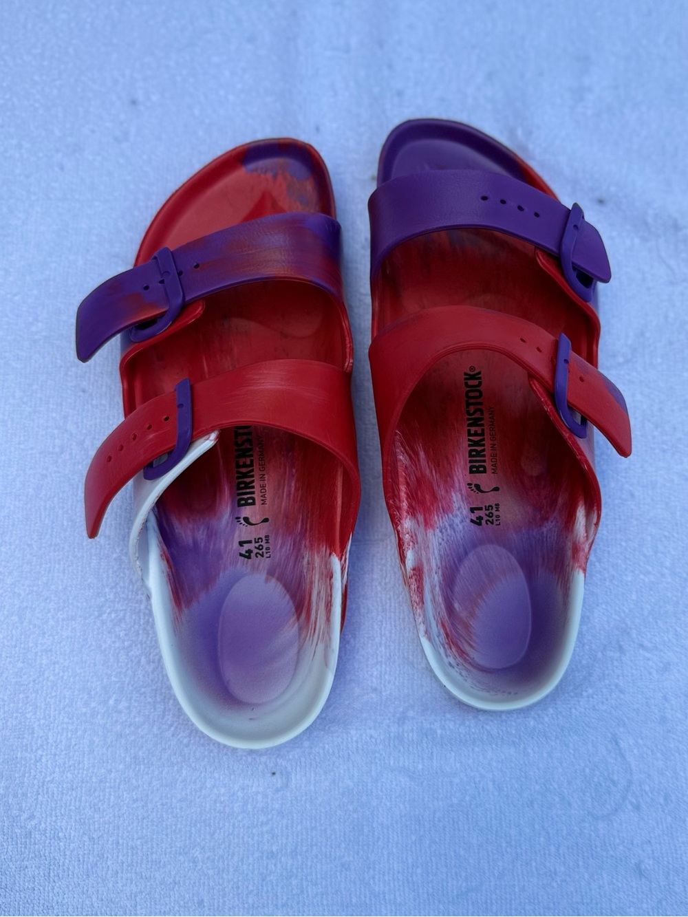 Birkenstock Two-Band Slide Sandals in Red & Purple